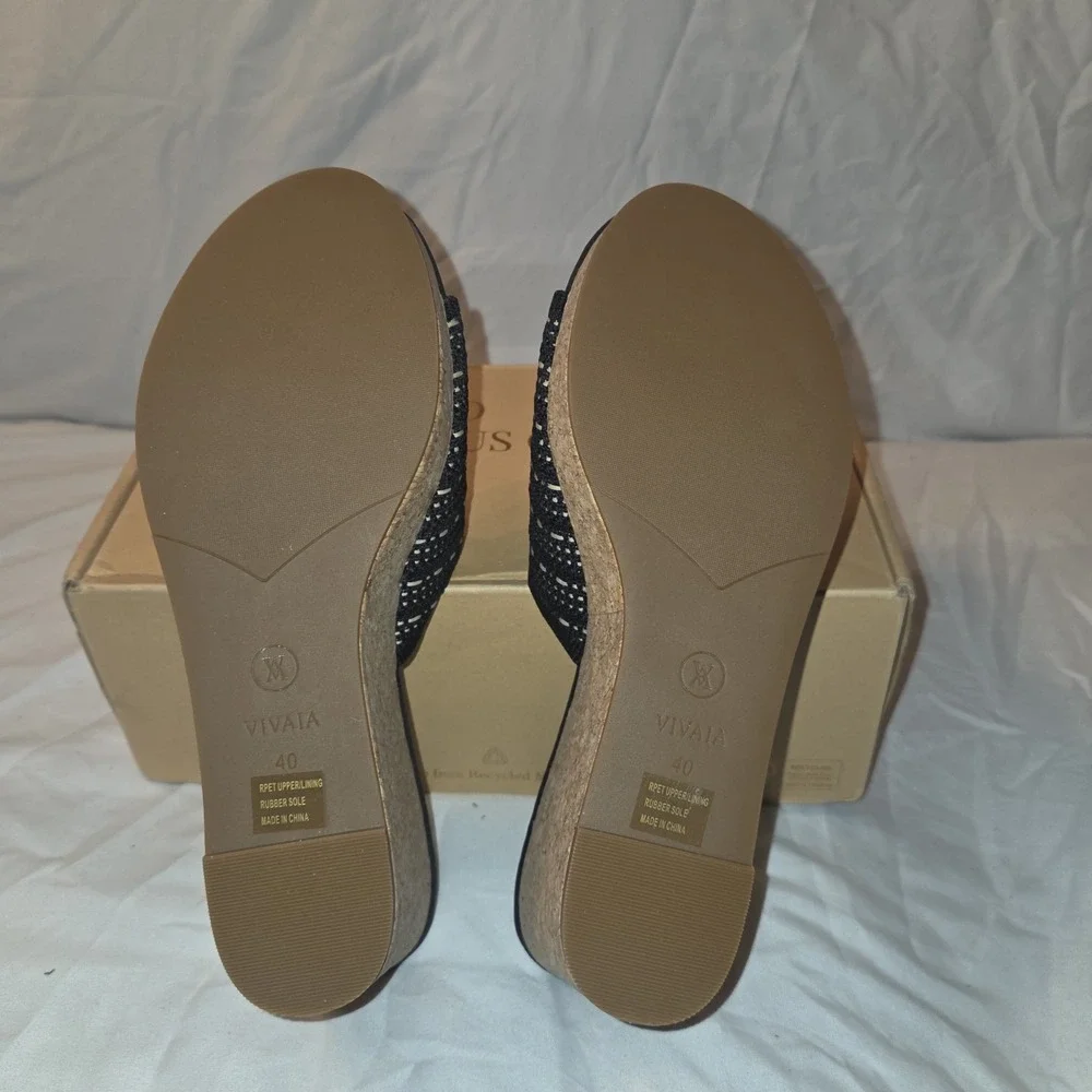 VIVAIA Stacey Black Cork Wedge Sandals Knit Slide‎ Shoes EU 40 US 9 Womens
